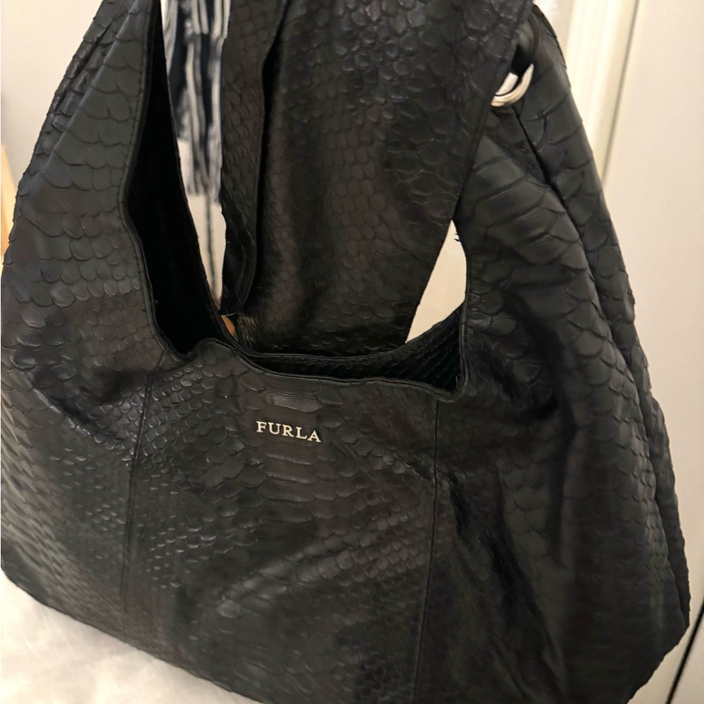 Furla Croc Embossed Black Hobo Bag - New Without Tags!
